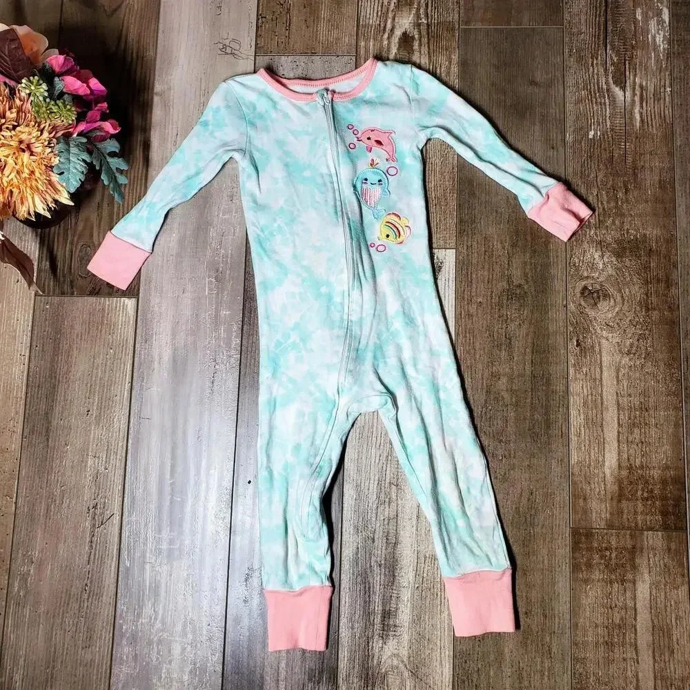 Kids Headquarters Blue Tie Dye Onesie Embroidered Sea Animals Toddler Girl Sz 2T